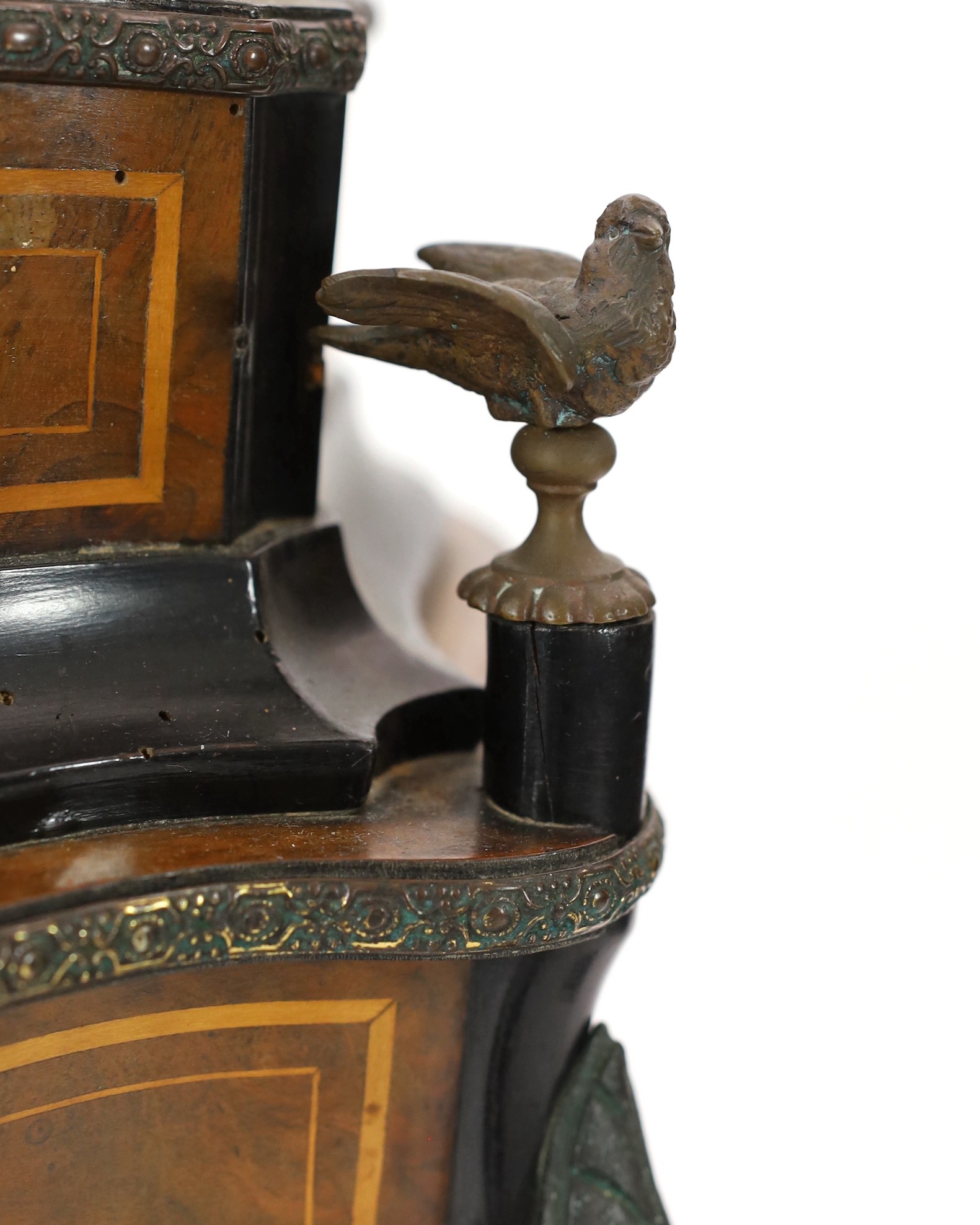 A 19th century French walnut and marquetry porcelain mounted two tier table, width 48cm, depth 35cm, height 88cm